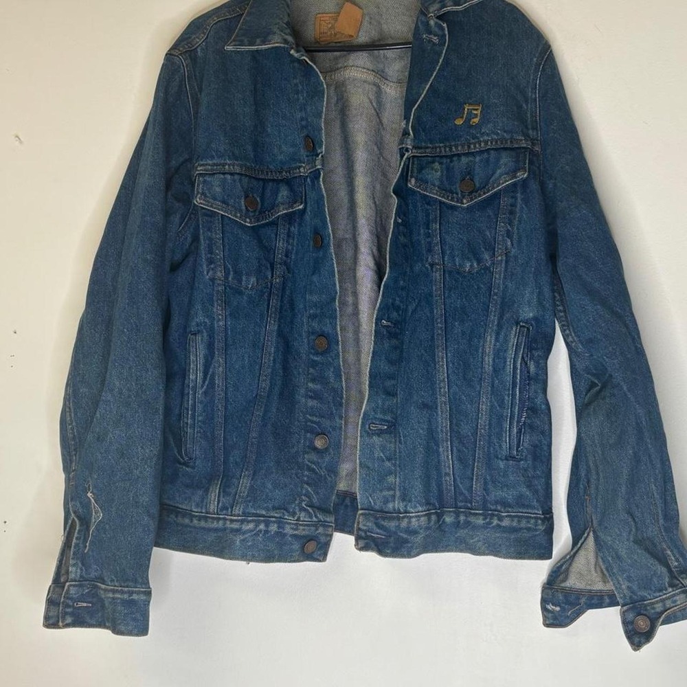 Vintage Made in USA Denim Jacket Rise Band Music Embroidered Trucker 44 Tall